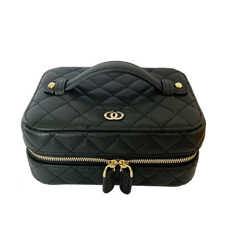 跨境高品质头层真皮化妆包新款时尚菱格绗缝首饰包手提洗漱收纳包