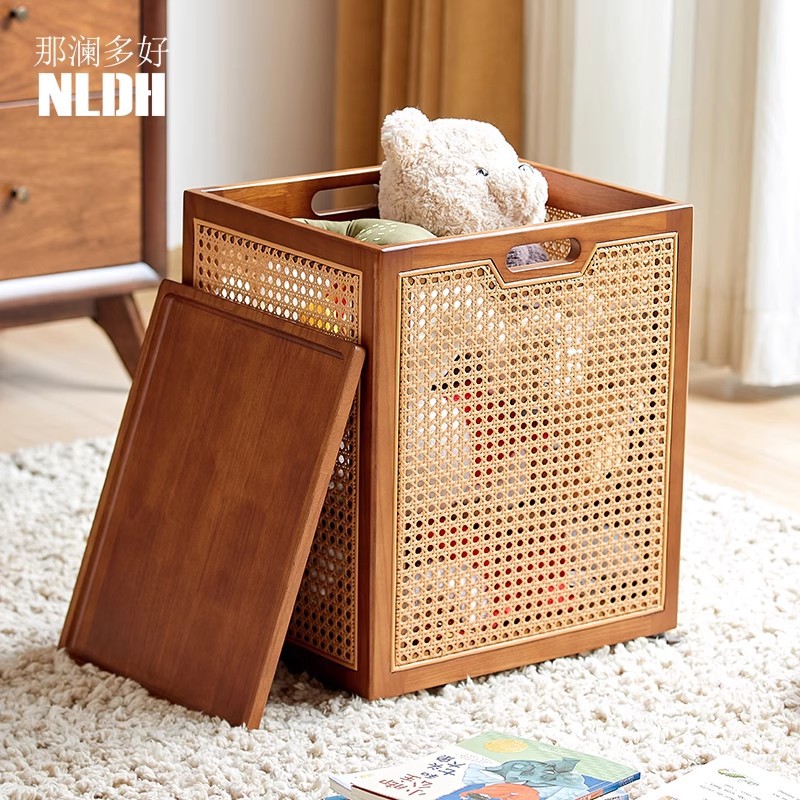 藤编收纳筐编织零食筐家用带盖大容量带轮衣物杂物毛绒玩具收纳篮